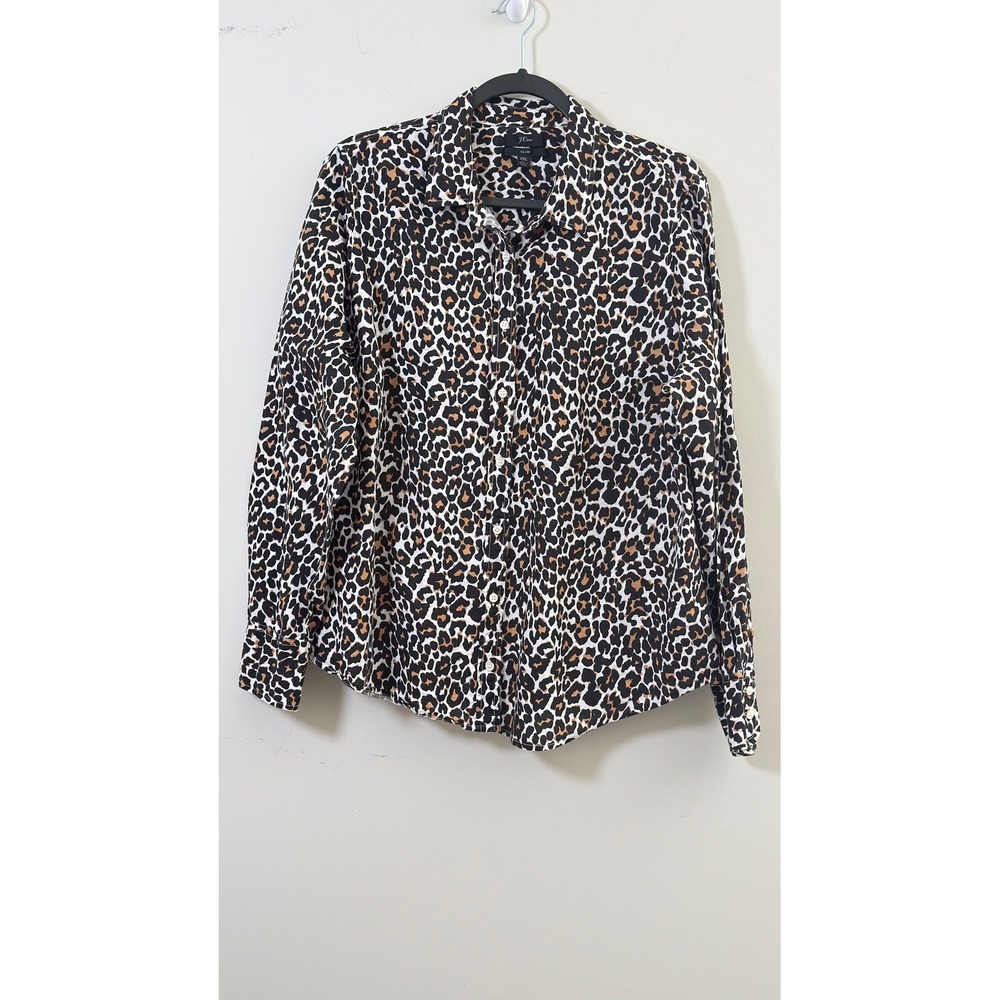 J.Crew Leopard Print Linen Cotton Shirt Womens XXL Tan Black Slim Fit